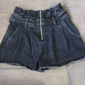 Dear John Dark Indigo Paperbag Waist Denim Shorts with Front Zip